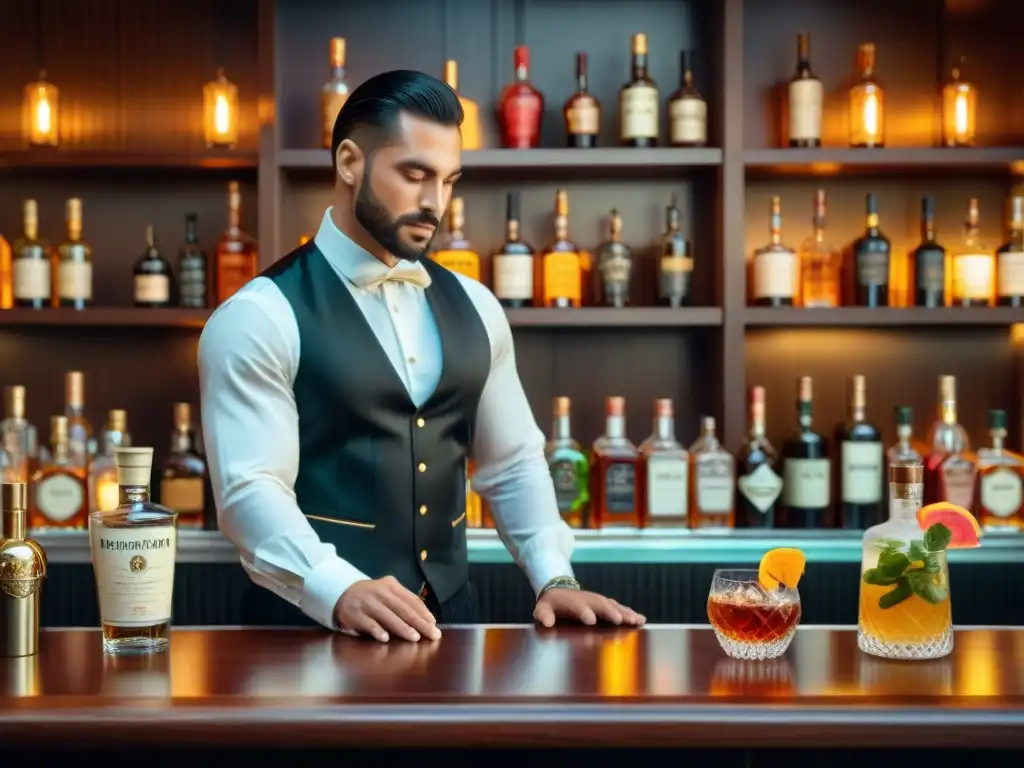 Exclusivo bar de cócteles: lujo y sofisticación en 8k Un elegante bar de cócteles con licores exóticos inusuales para degustar gourmet