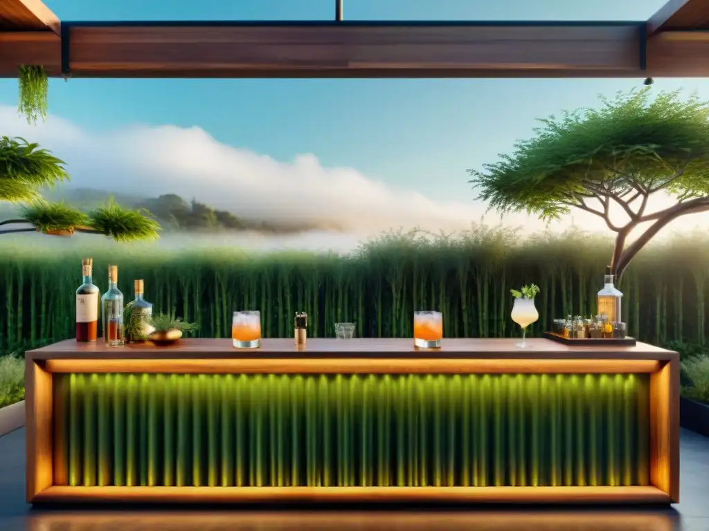 Un elegante bar de cocteles sostenibles ecofriendly gourmet en un jardín de techo verde