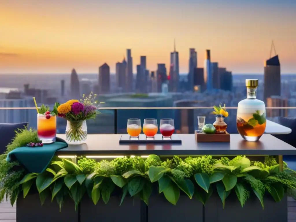 Un elegante bar de cocteles sostenibles ecofriendly gourmet en un jardín de azotea al atardecer