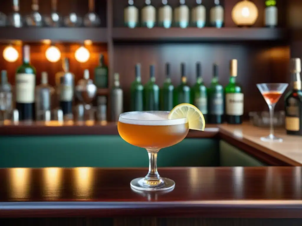 Un elegante bar con un exquisito coctel en un vaso de cristal en una barra de caoba