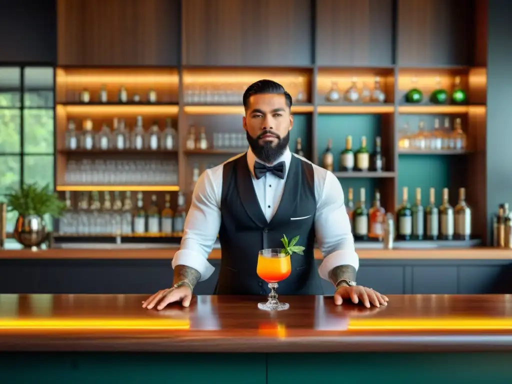 Un elegante bar moderno con ingredientes frescos y un bartender profesional preparando un cóctel vibrante