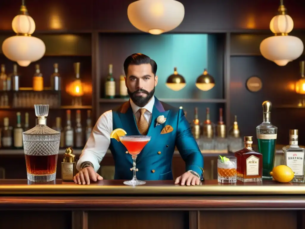 Un elegante bar vintage con mixólogo preparando cocteles clásicos