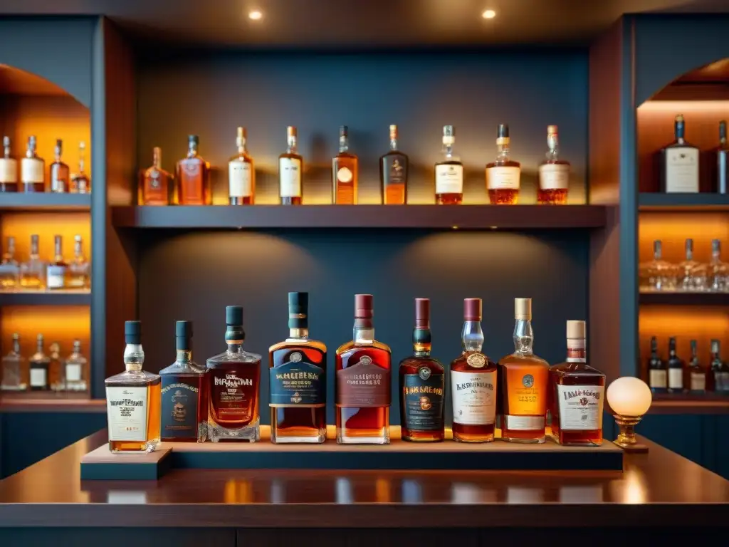 Un elegante bar de whisky con botellas premium de bourbon para conocedores gourmet