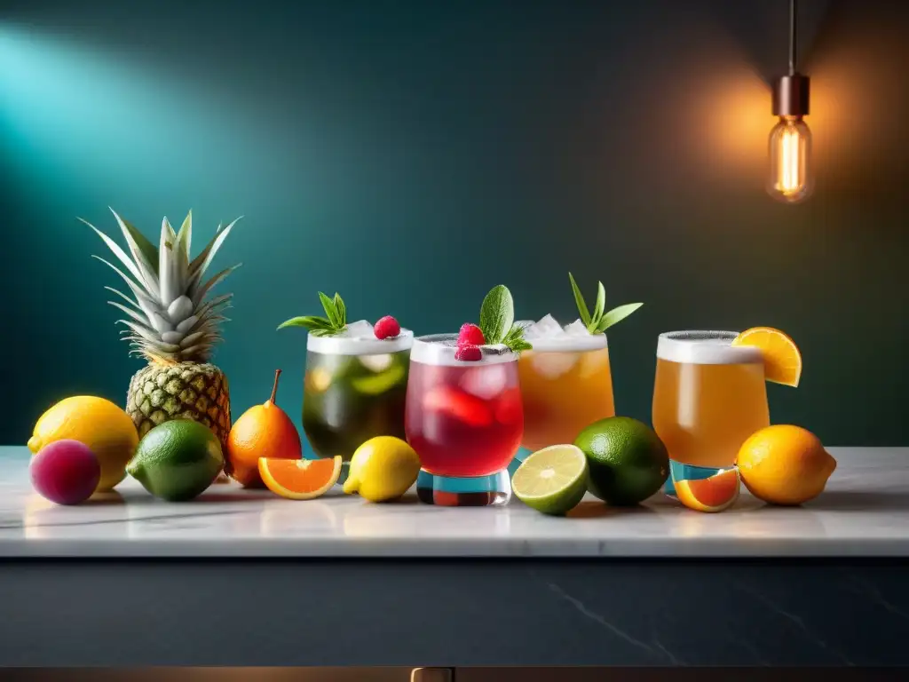 Bar de cócteles de kombucha: vibrante y elegante Una elegante barra de cócteles con kombucha, repleta de bebidas vibrantes y detalles sofisticados