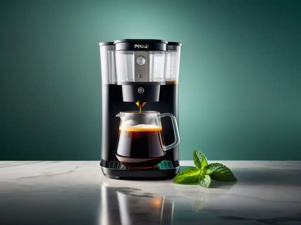 Un elegante cafetera de café Cold Brew en un elegante mostrador de mármol, con granos de café y menta fresca