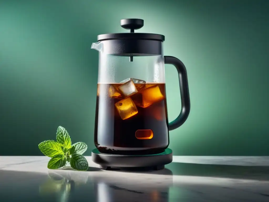 Un elegante cafetera de Cold Brew en un moderno mostrador de mármol, con café, hielo y hojas de menta