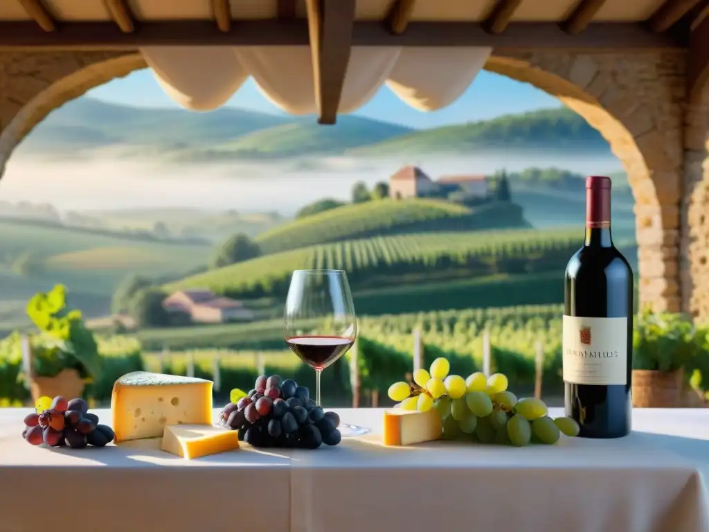 Una elegante cata de vinos en los viñedos de Borgoña: copas, botellas, uvas y quesos en una mesa blanca, con viñedos al atardecer