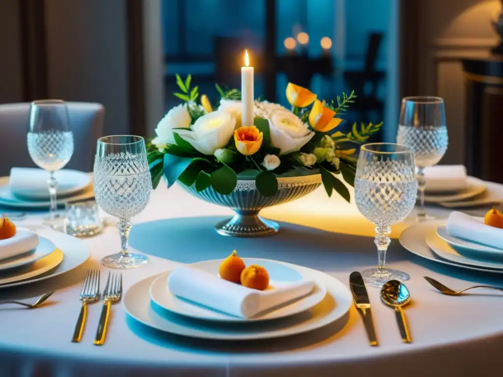 Un elegante centro de mesa refinado con flores frescas, velas delicadas y acentos de cristal, sobre una mesa lujosa