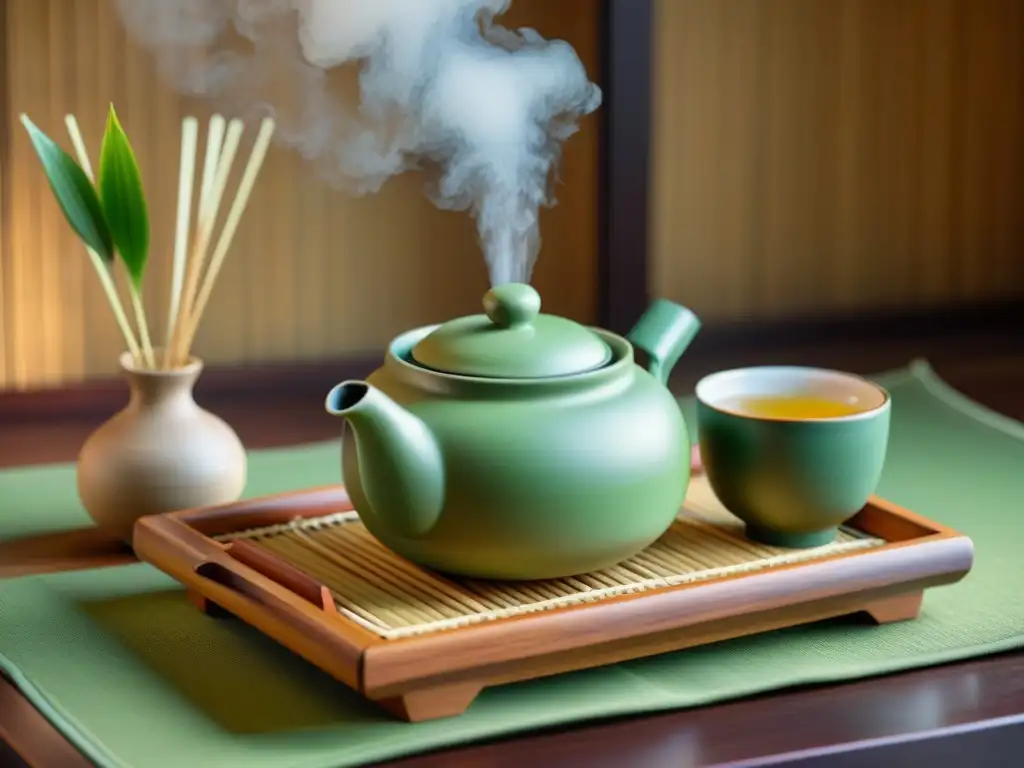 Una elegante ceremonia del té japonés con té verde y utensilios en un ambiente sereno