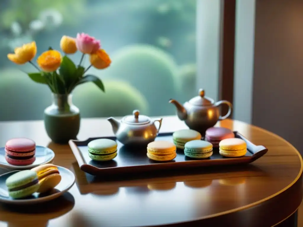 Una elegante ceremonia de té con maridaje de alta cocina: tetera humeante, macarons y petit fours sobre una mesa de madera