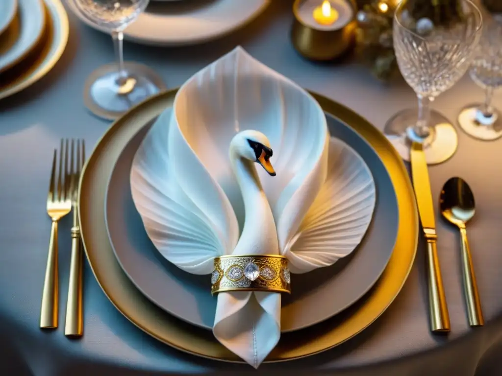 Un elegante cisne de tela en una mesa lujosa con diseño de servilletas de tela gourmet alto