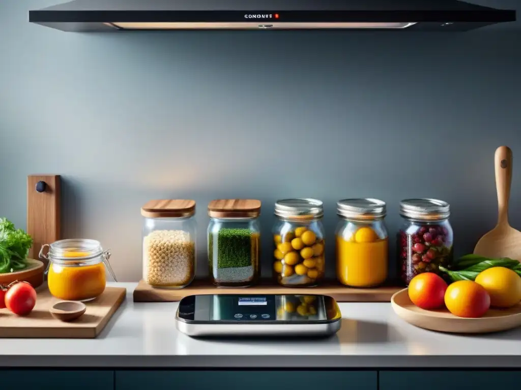 Elegante cocina con herramientas de conservación gourmet organizadas para mantener la frescura