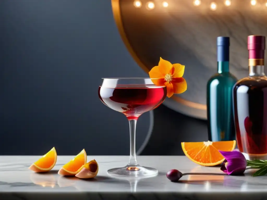 Un elegante cóctel de vino tinto con toque de naranja y flores comestibles, en un entorno lujoso