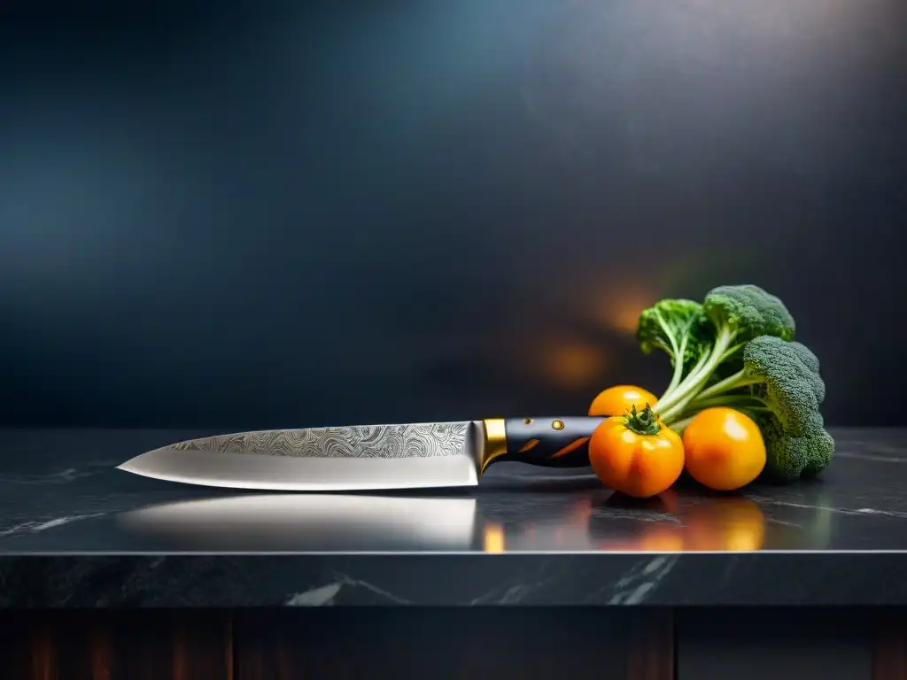 Un elegante cuchillo de chef gourmet en un elegante mostrador de granito oscuro, con iluminación dramática y sombra suave