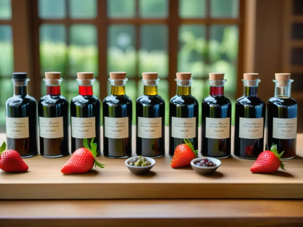 Elegante degustación de vinagres balsámicos en mesa de madera organizada con frutas frescas y romero