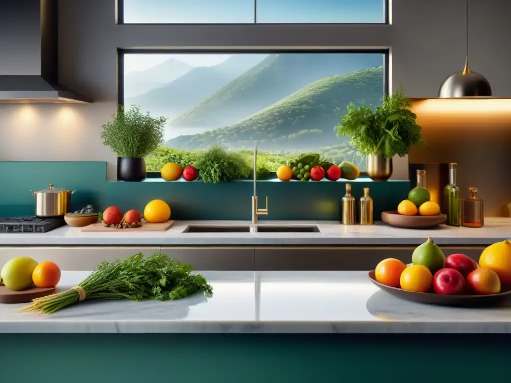 Un elegante y detallado escenario de cocina gourmet con ingredientes exóticos, bañado en luz natural