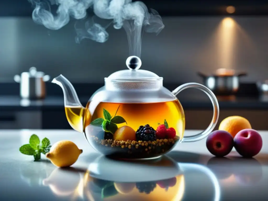 Un elegante y detallado teapot de vidrio con infusiones de frutas y hierbas, rodeado de vapor en una cocina moderna