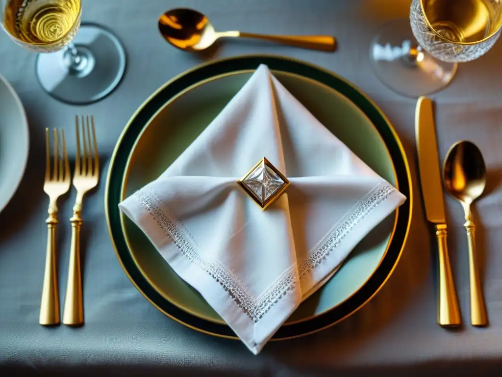 Elegante diseño de servilleta de tela blanca en una lujosa mesa de comedor