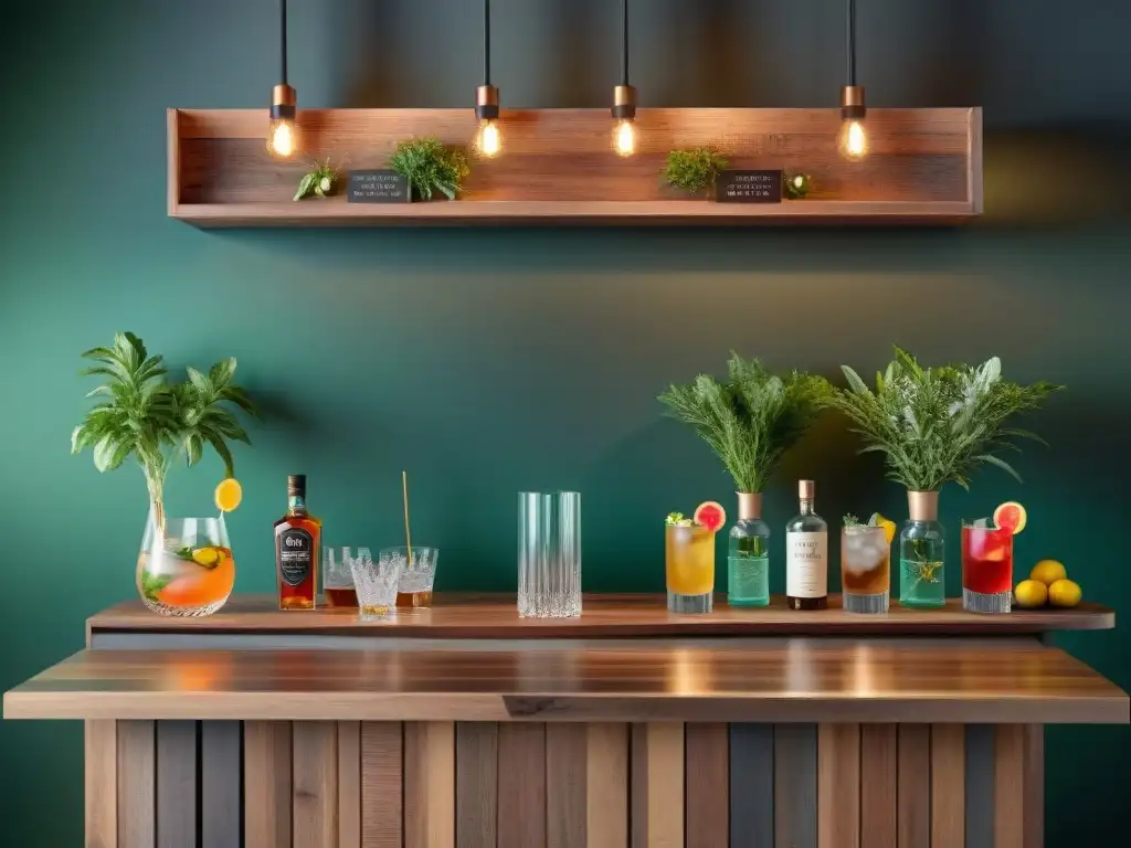 Un elegante y ecofriendly bar de cocteles sostenibles gourmet, con materiales sostenibles y una decoración chic y consciente, iluminado suavemente