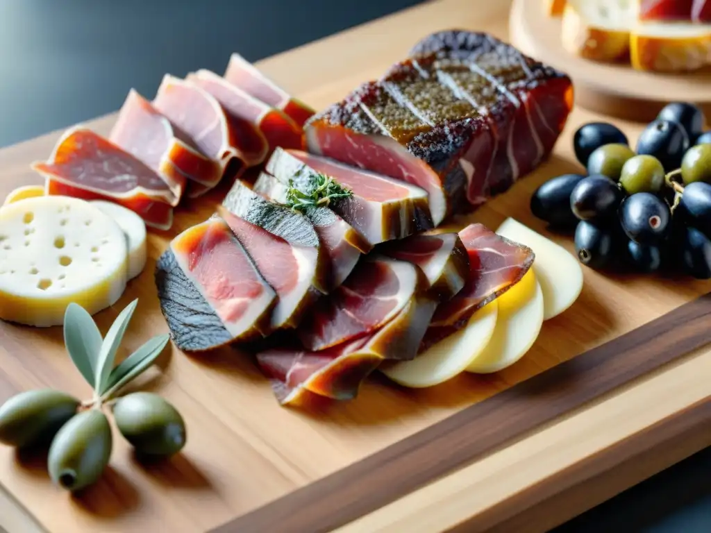 Una elegante escena gourmet de carne seca: bresaola, prosciutto y jerky en tablas de madera, acompañados de quesos y aceitunas