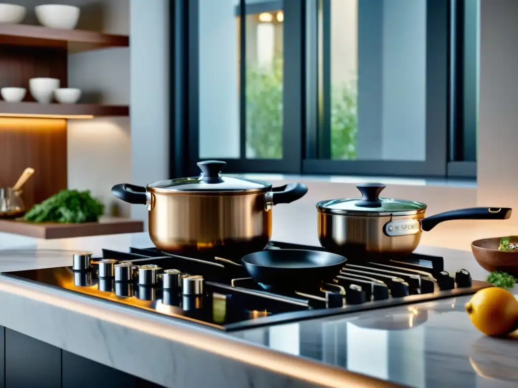 Un elegante escenario de una cocina moderna con sartenes y ollas de lujo en un exquisito mostrador de mármol