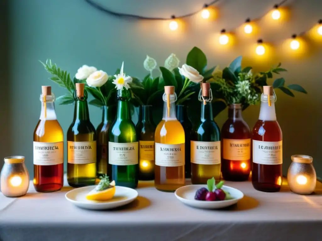 Un elegante evento social con kombucha en mesa decorada con botellas coloridas rodeada de vegetación y luces brillantes