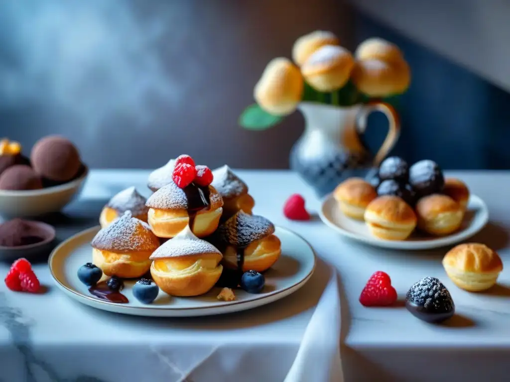 Un elegante festín con profiteroles gourmet rodeados de frutas frescas y chocolate