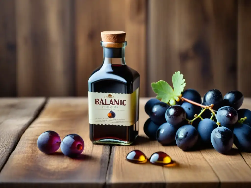 Un elegante frasco de vinagre balsámico sobre mesa rústica, con gotas de condensación y uvas frescas