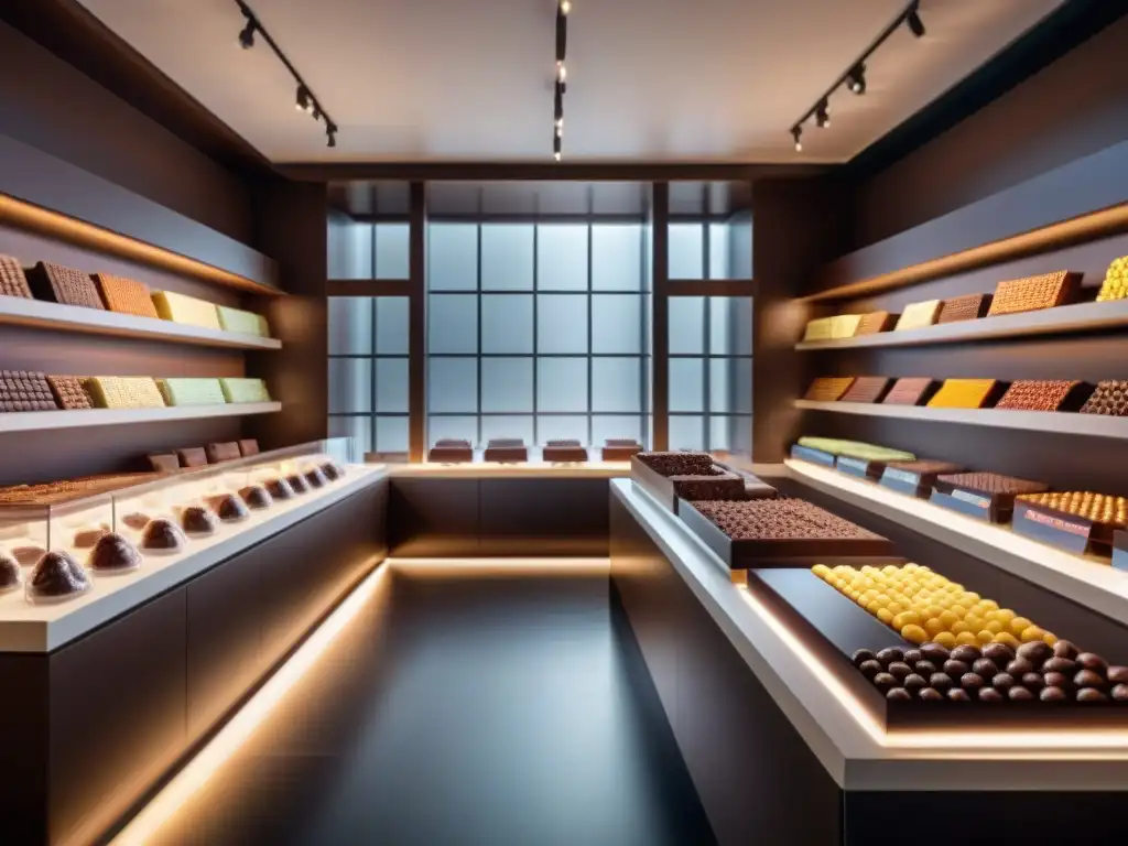 Un elegante interior de tienda de chocolate con una fusión de revolución y amor en el papel del chocolatero