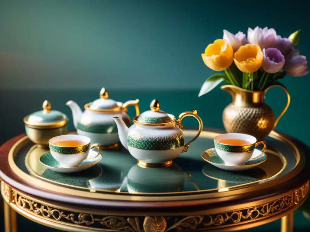 Un elegante juego de té de lujo con tazas de porcelana, tetera de plata y flores frescas en un entorno sofisticado