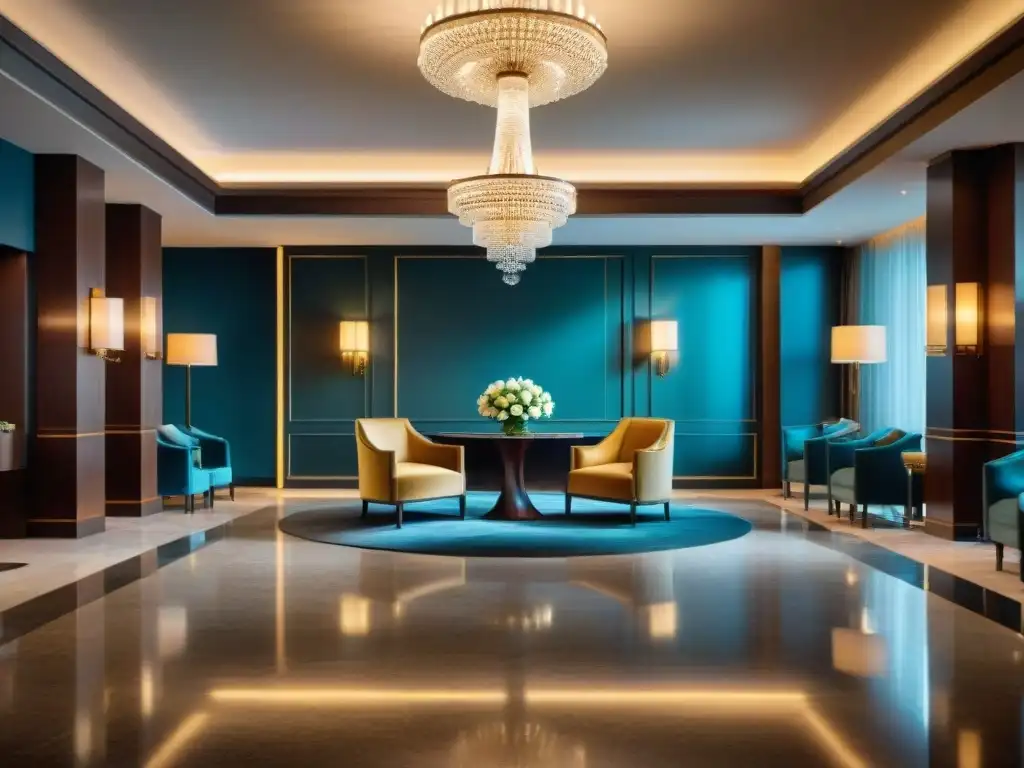 Un elegante lobby de hotel lujoso, con decoración moderna y detalles de lujo, donde los huéspedes llegan vestidos de manera formal