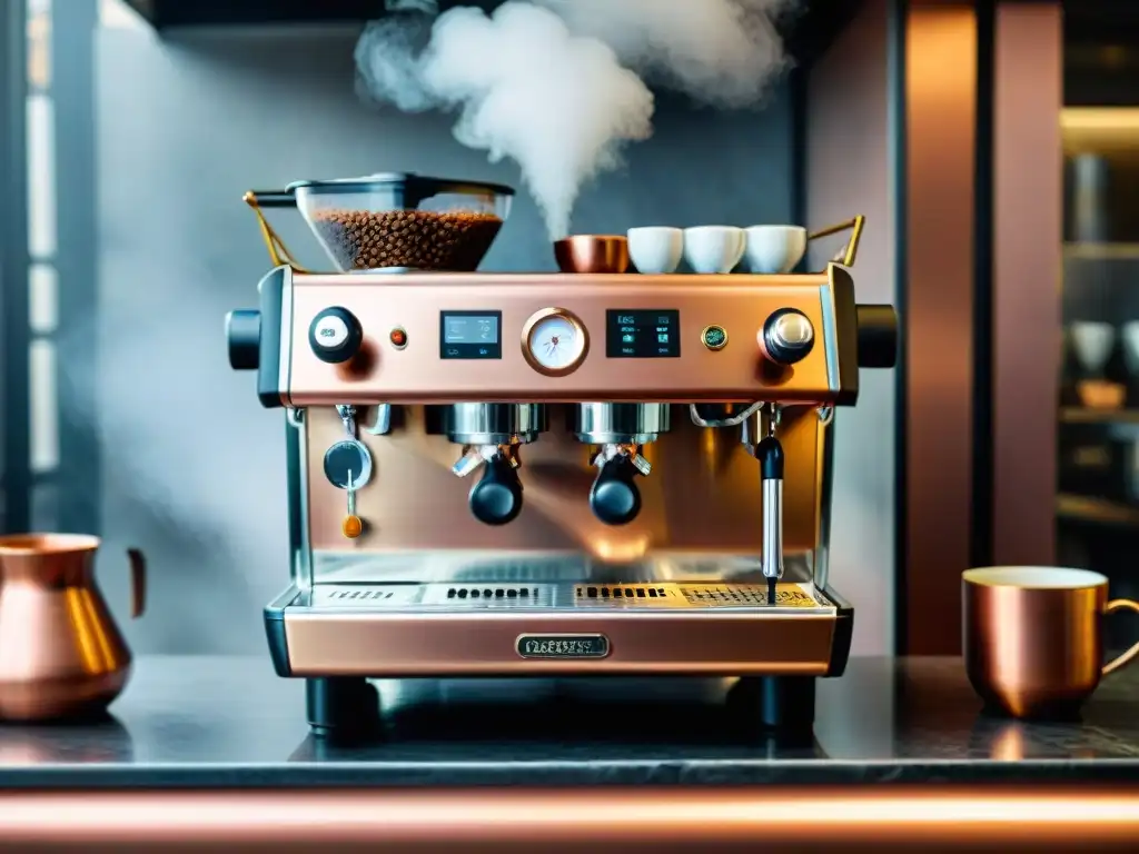 Una elegante máquina de espresso en un café de lujo con café mexicano, rodeada de detalles aztecas y utensilios de cobre brillante