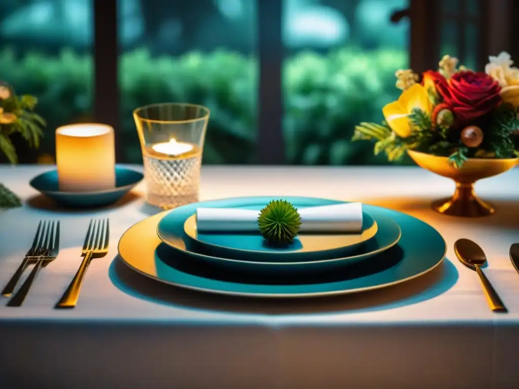 Una elegante mesa de cena para un evento pop-up, con cubiertos plateados, copas de cristal y un centro floral