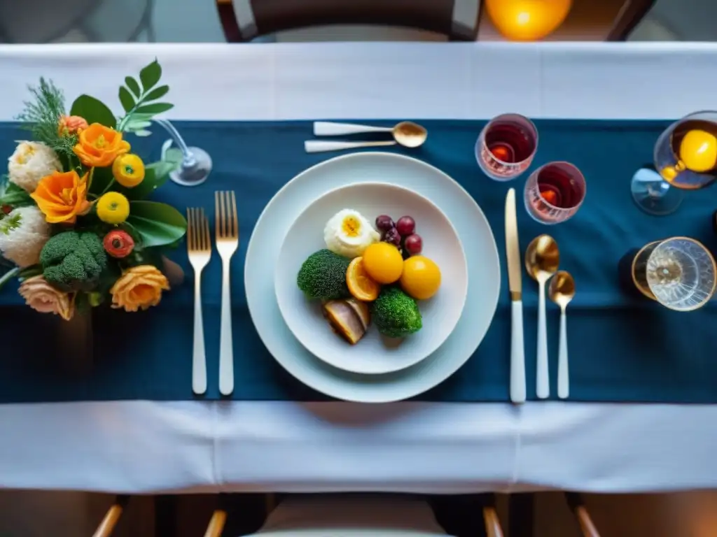 Una elegante mesa de cena gourmet con exquisitos platillos de diversas cocinas internacionales, en un ambiente lujoso