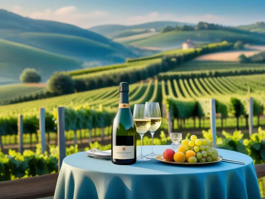 Elegante mesa de comedor al aire libre en un viñedo de Champagne con maridajes gourmet viñedos Champagne