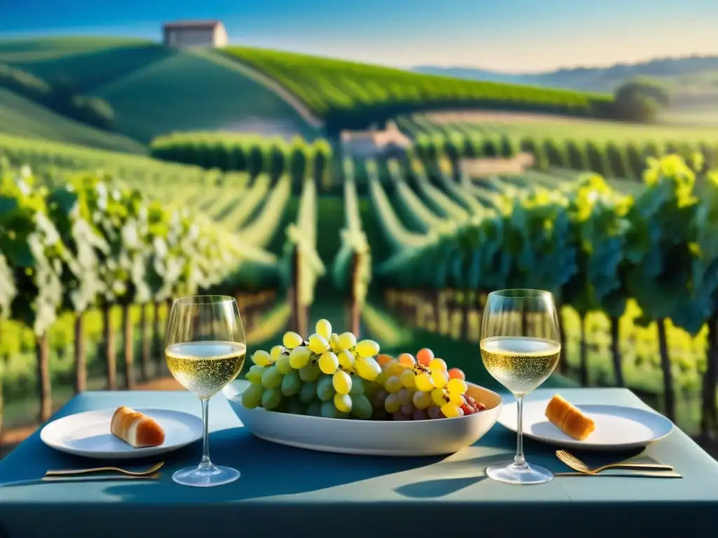 Una elegante mesa de comedor al aire libre en un viñedo de Champagne, con maridajes gourmet, rodeada de viñedos verdes