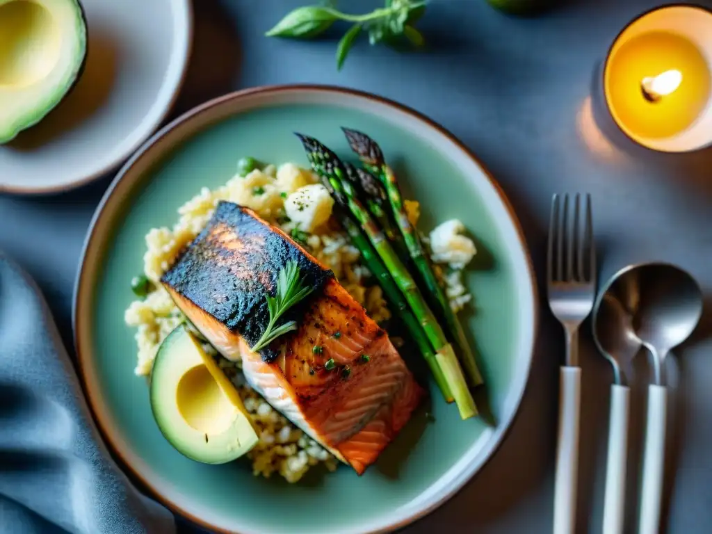 Exquisita mesa gourmet keto con detalles ultradetallados Una elegante mesa de comedor con platos gourmet keto, como rosas de aguacate, salmón a la parrilla y risotto de coliflor, iluminada por velas
