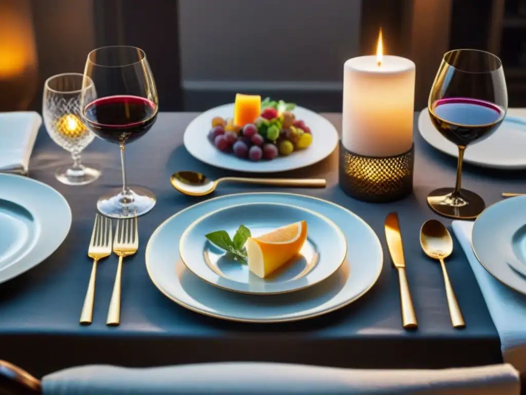 Una elegante mesa de comedor para maridar vinos y comidas profesional, con exquisita vajilla y copas de vino, bañada en cálida luz de velas