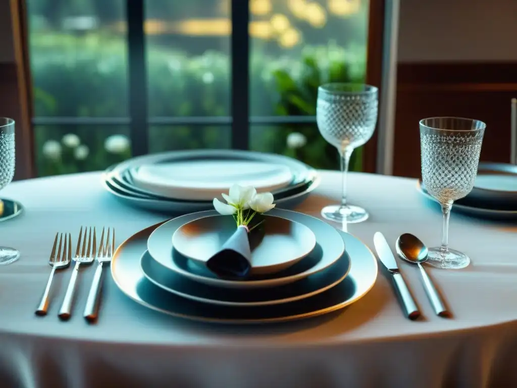 Elegante mesa con cubiertos de plata sofisticados y delicadas flores en un ambiente lujoso