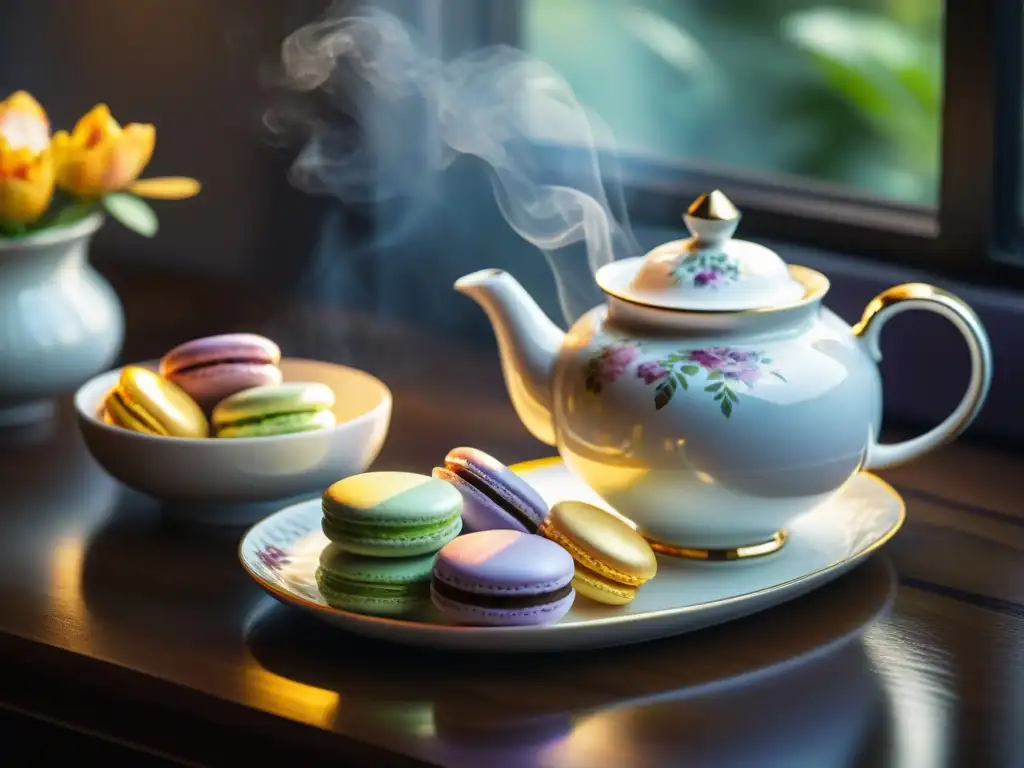 Una elegante mesa de té con porcelana blanca y macarons coloridos, maridajes innovadores gourmet sorprendentes