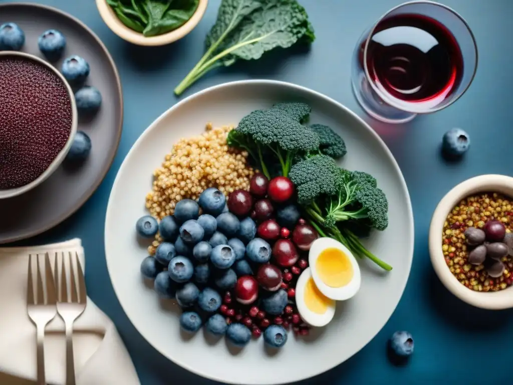 Elegante mesa con vinos selectos y superfoods gourmet, para un exquisito maridaje