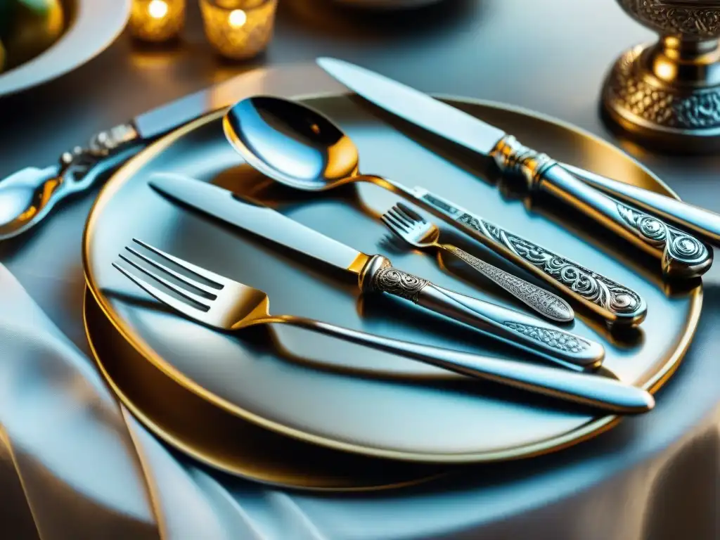 Un elegante montaje de mesa con cubiertos de plata sofisticados sobre mantel blanco