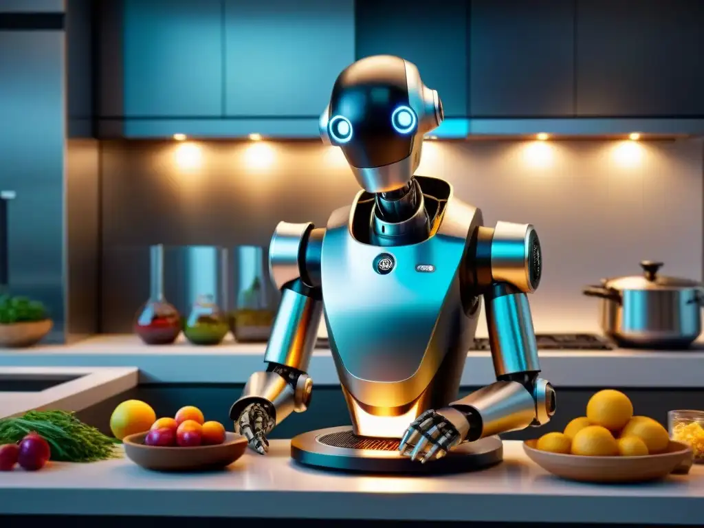 Un elegante robot de cocina gourmet preparando una exquisitez culinaria con precisión