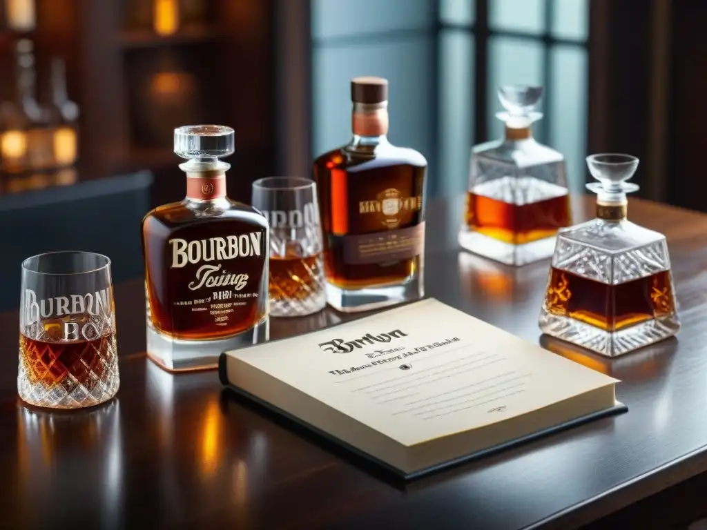 Un elegante set de cata de bourbon para conocedores gourmet en una mesa de caoba oscura