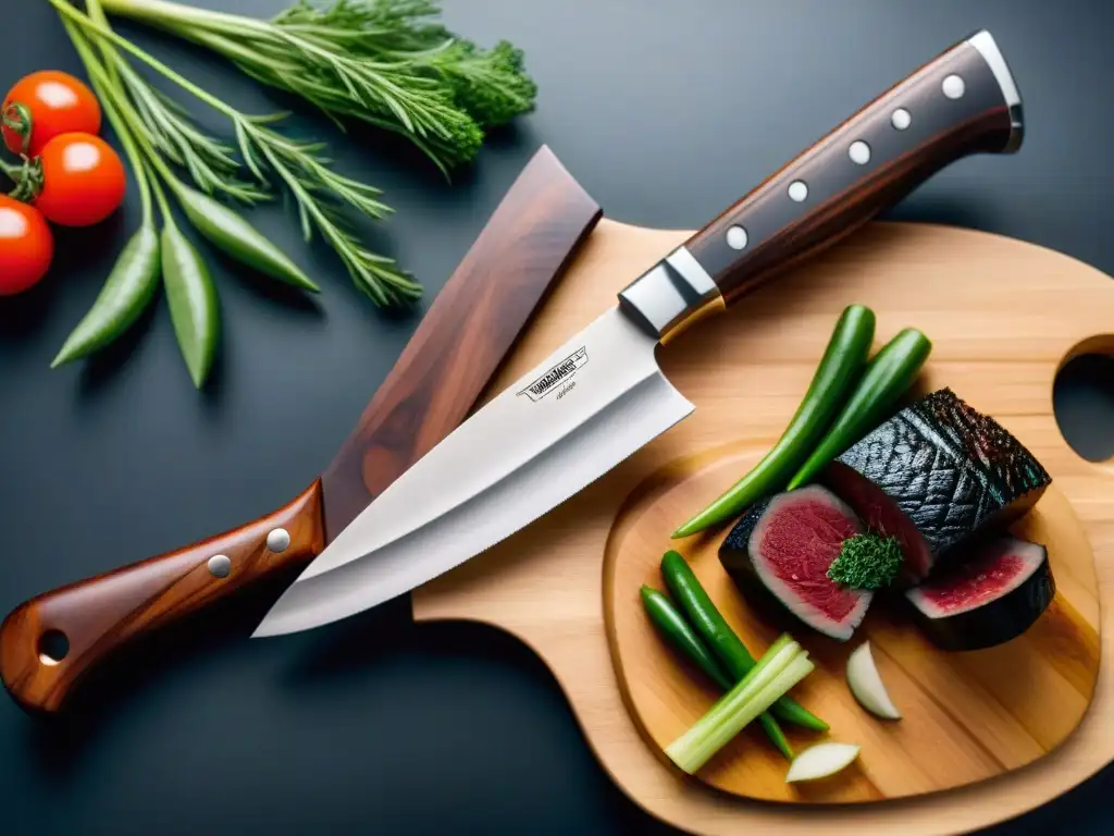 Un elegante set de cuchillos gourmet en una tabla de cortar de madera, mostrando su calidad y precisión