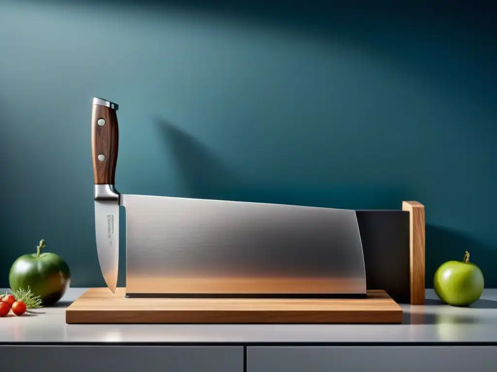 Un elegante set de cuchillos innovadores en un moderno mostrador de cocina diseñado