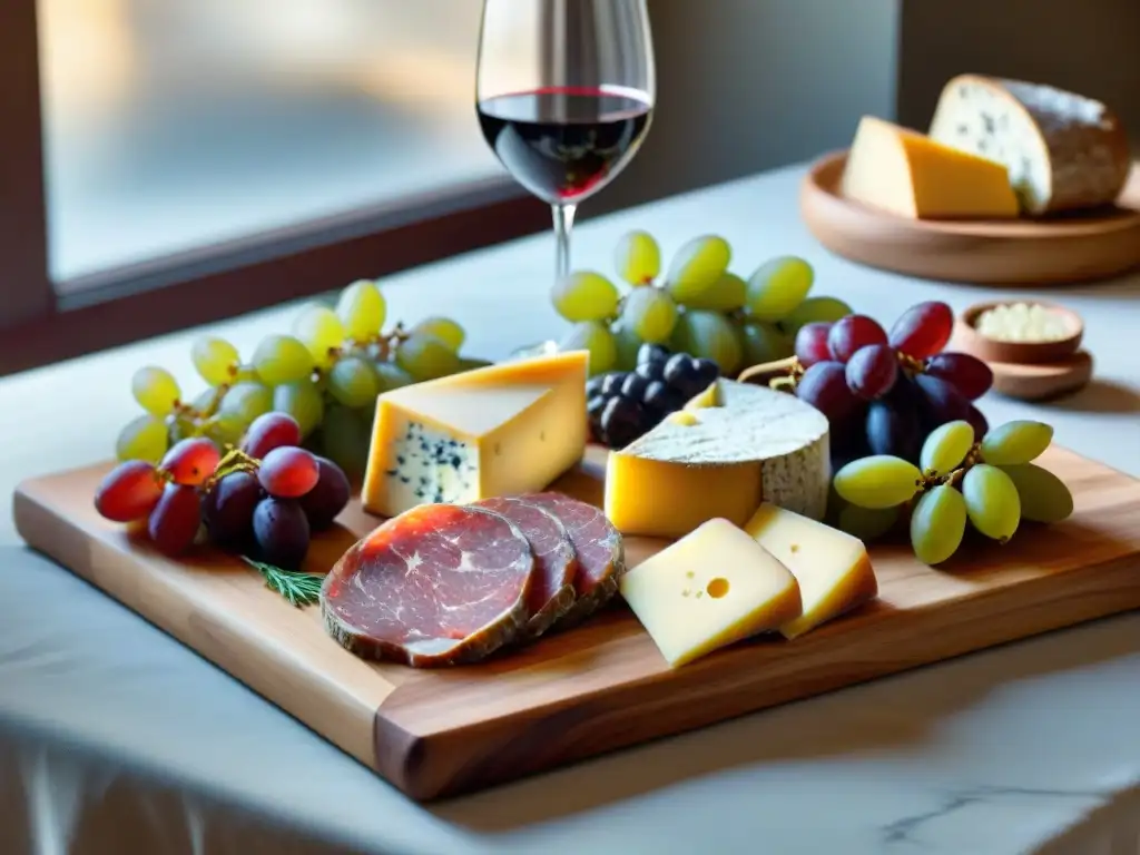 Una elegante tabla de charcutería con quesos, embutidos, uvas, pan artesanal y vinos premium