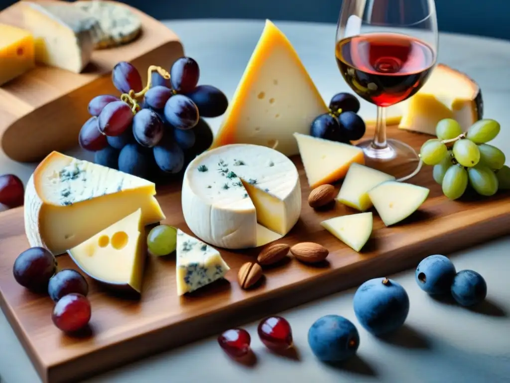 Exquisita tabla de quesos y vinos: una experiencia gourmet Una elegante tabla de maridaje de quesos y vinos, con variedad de quesos, uvas, nueces y vinos