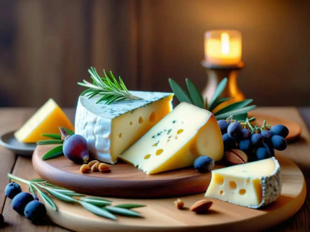 Una elegante tabla de quesos gourmet con hierbas frescas, frutas y crackers, presentada con estilo en una mesa rústica iluminada suavemente