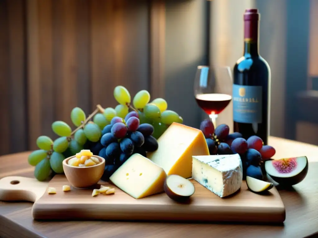 Una elegante tabla de quesos y vinos gourmet, con brie, gouda, cheddar y blue cheese, acompañados de uvas y higos